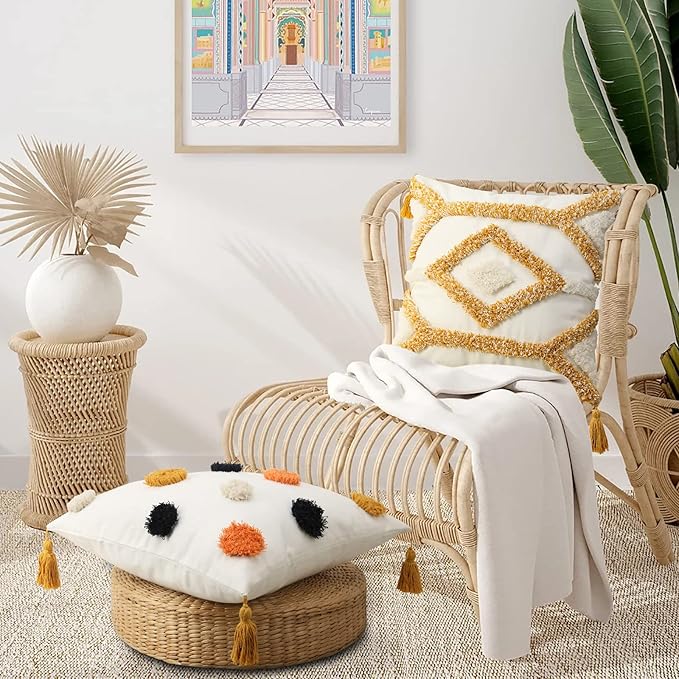 Merrycolor Boho Throw Pillow Covers 18x18 Yellow Orange Pom Pom Tufted Decorative Pillow Covers with Tassels Woven Bohemian Pillow Case Modern Accent Square Cushion Cover for Couch Sofa Bedroom