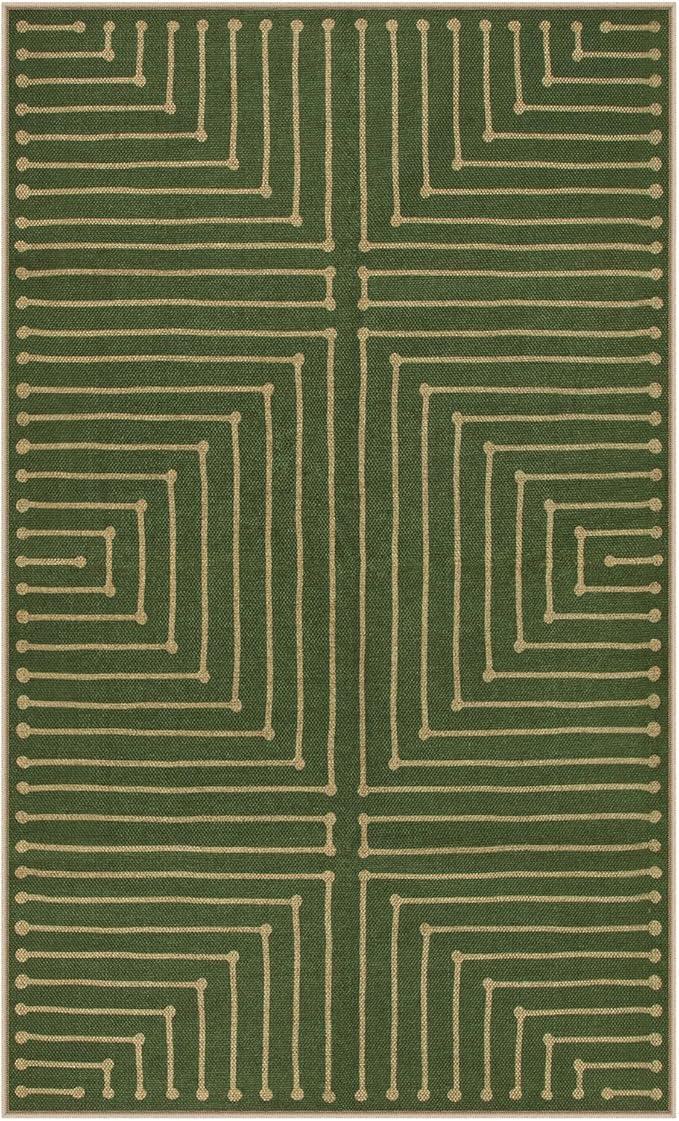 Lahome Neutral Geometric Green Easy Jute Rug, 3x5 Washable Entryway Front Porch Rug, Farmhouse Rhombus Non Slip Non Shedding Indoor Outdoor Carpet for Kitchen Balcony Laundry