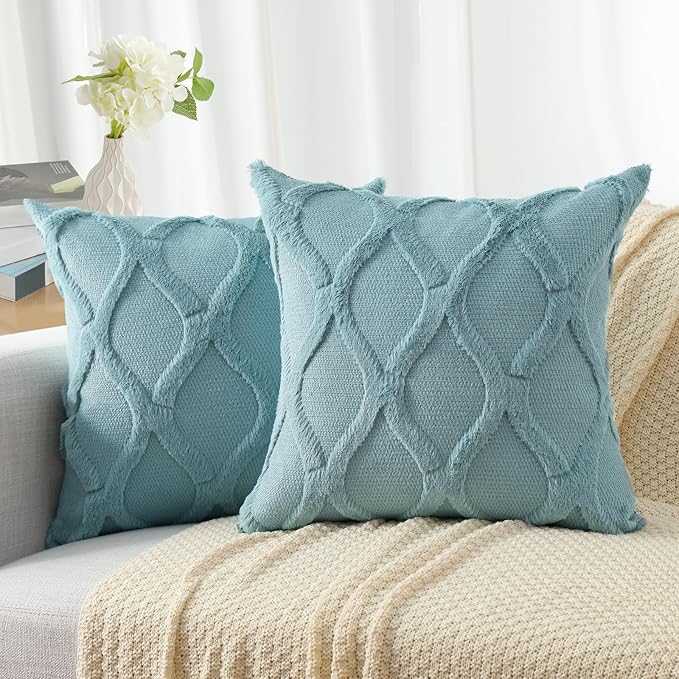 decorUhome Spring Throw Pillow Covers 16x16 Inch Set of 2, Soft Plush Faux Fur Wool Aqua Accent Couch Pillow Covers for Modern Farmhouse Bed Sofa Living Room