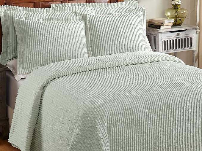 Better Trends Chenille Bedspreads Full/Double Size, Sage 100% Cotton Chenille Stripe Design Tufted Bedding Coverlet Soft Lightweight, 96"x110" with 2 Sham, 3 Pieces Set Jullian Collection