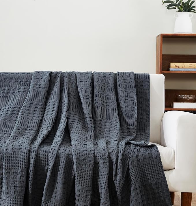 VHC Brands 100% Cotton Waffle Weave King Blanket 108"x90", Decorative Lightweight Spring and Summer Throw Blanket, Bedroom Decor for Bed, Couch, or Sofa, Dark Grey
