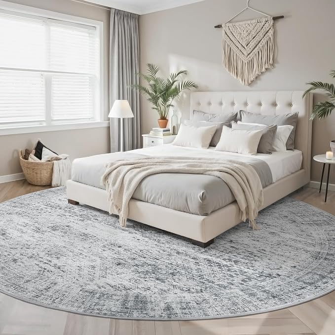 9x9 Grey Round Rug 9ft Living Room Circle Rug Vintage Round Area Rug Non Slip Indoor Carpet for Apartment