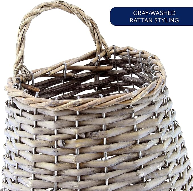 AuldHome Design Wall Hanging Pocket Basket; Woven Wicker Rustic Farmhouse Gray Washed Long Basket; 17 x 9 x 5 Inches (Pack of 2)