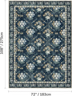 Lessymo Dining Room Rugs for Under Table, 6x9 Washable Area Rug for Living Room, Low Pile Non-Slip Floor Carpet for Bedroom, Stain Resistance Vintage Floral Design Décor, Navy/Beige