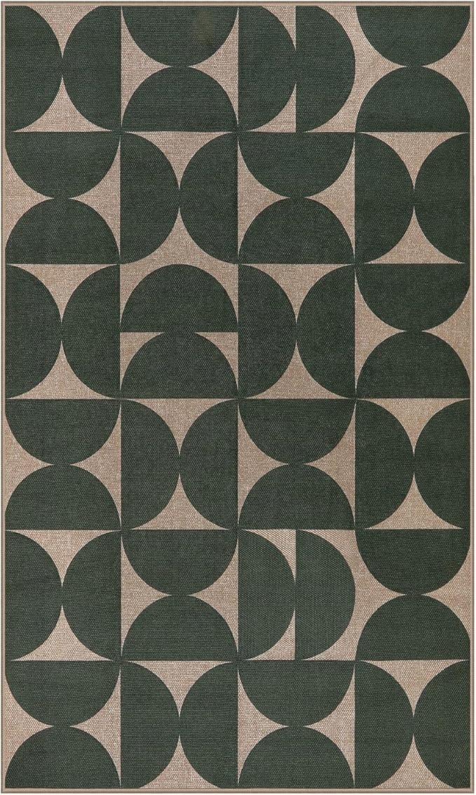 Lahome Modern Geometric Easy Jute 3x5 Entryway Washable Rug, Green Outdoor Carpet for Porch Patio, Neutral Semi-Circle Indoor Mat for Living Room Office Classroom