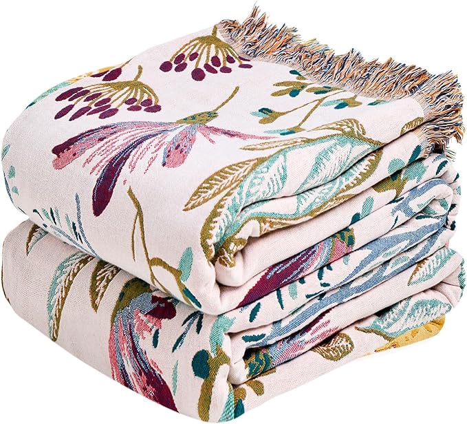 MSGKV Boho Throw Blanket for Couch 50"x60" Floral 100% Cotton Blanket Spring Breathable Lightweight Farmhouse Flower Blankets for Sofa Home Decor Muslin All Seasons