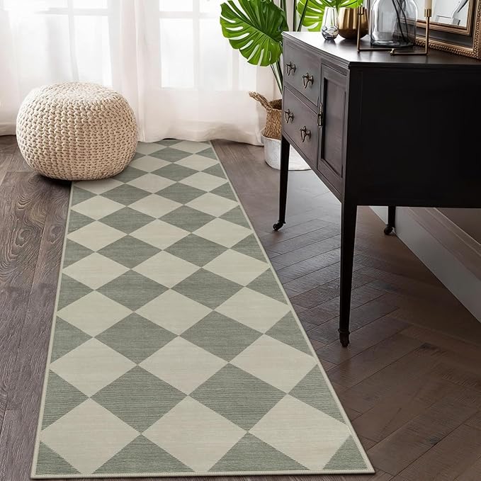 Beeiva Checkered Print Kitchen Runner Rugs Non Skid Washable 2.5x8, Ultra Thin Low Pile Green Runners for Hallways 8ft, Geometric Farmhouse Floor Carpet for Bedroom Entryway, Modern Plaid Home Decor