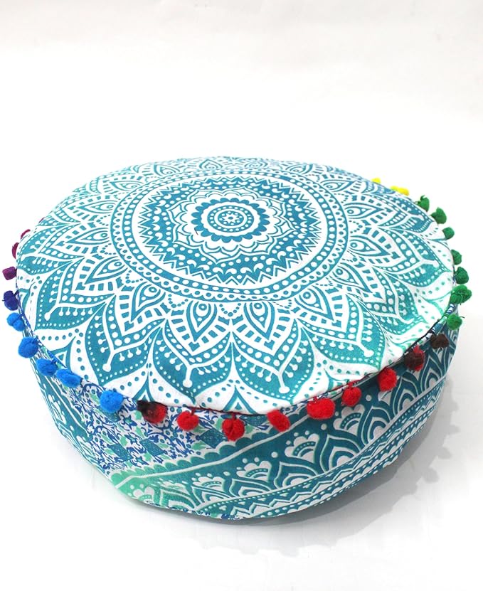 INDIAN CRAFT CASTLE ICC Mandala Barmeri Large Floor Pillow Cover Cushion Meditation Seating Ottoman Throw Cover Hippie Decorative Zipped Bohemian Pouf Ottoman Cases Green Ombre 18" Round