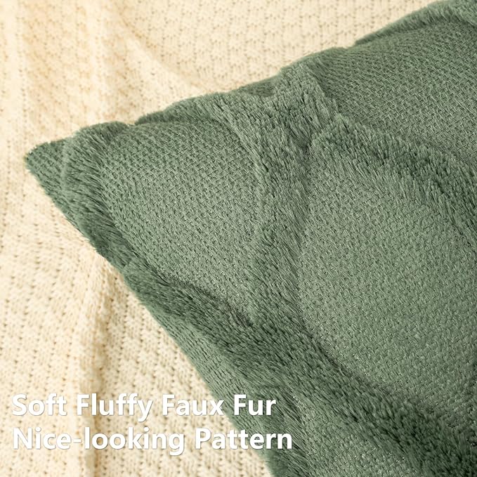 decorUhome Spring Throw Pillow Covers 18x18 Inch Set of 2, Soft Plush Faux Fur Wool Olive Green Accent Couch Pillow Covers for Modern Farmhouse Bed Sofa Living Room