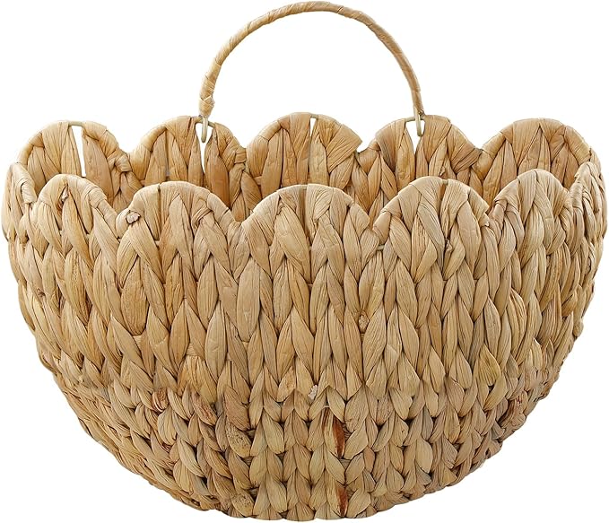 Wicker Hanging Basket,Scalloped Wall Basket for Organizing & Decor,Woven Water Hyacinth Hanging Wall Baskets for Flower,Mail,Stuffed Animals,Hanging Storage Baskets for Wall,Door,Nursery