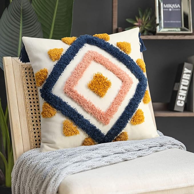 Merrycolor Boho Pillow Covers Modern Geometric Diamond Boho Pillows Decorative Throw Pillow Cases Yellow Blue Pink Soft Woven Tufted Pillow Cushion for Couch Sofa Bedroom
