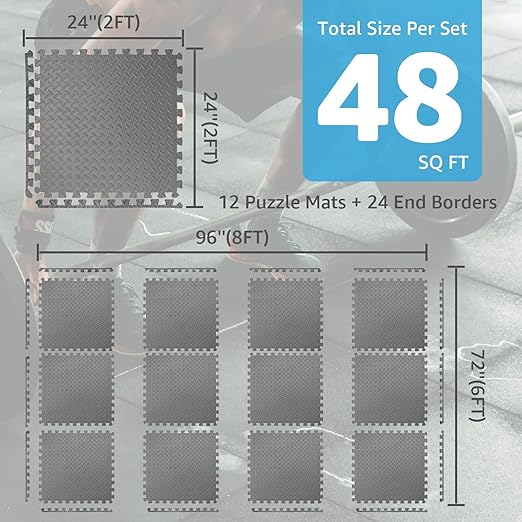 Art3d 48 Sq.Ft Eva Puzzle Exercise Mats, 1/2" Thick Foam Interlocking Tiles for Flooring, Workout, Gym Equipments, Pack of 12, Grey