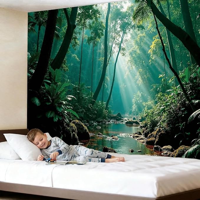 Atrippy Forest Nature Green Tapestry for Bedroom, Misty Landscape Backdrop Wall Hanging Aesthetic, Large Wall Mural Rainforest Stream Tapestries Outdoor Art Decor for Living Room Dorm 60x79 Inches