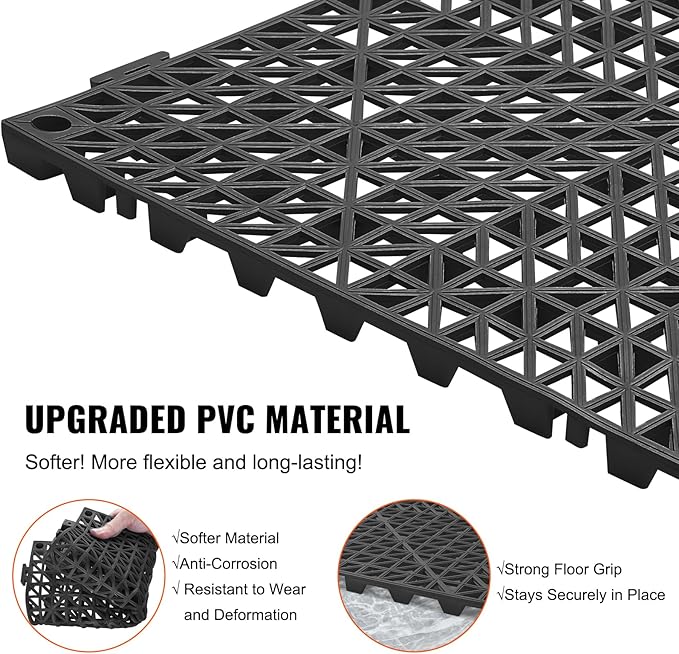 VEVOR Modular Interlocking Cushion, 12 Pack 12" x 12" Splicing Drainage Mats, Soft PVC Interlocking Drainage Floor Tiles, Non-Slip Drainage Holes for Restroom, Bathroom, Kitchen, Pool, Wet Areas, Blac