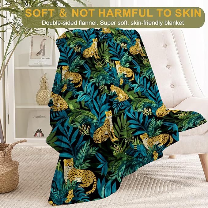 Tropical Leopard Fleece Blanket - Lightweight Soft Cozy Gifts Throw for Nature Lovers,Kids,Women,Men,Exotic Jungle Amongst Lush Greenery Blankets,Wild Boho Home Room Modern Art Decor 40x50in