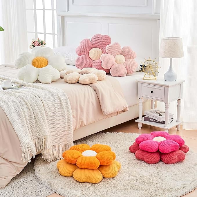 Flower Throw Pillow, Cute Flower Shaped Pillow Decorative Throw Pillow for Bed Couch, Soft Daisy Pillows Floor Seating Cushion Cushions (14.9 Inch White+Yellow)