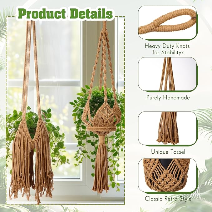 4 Packs Macrame Plant Hangers with Tassels Boho Crochet Hanging Plant Basketball for Indoor Outdoor Plant Hanger with 4 S Shaped Hooks for Home Decor Window Flower Pot(Brown)