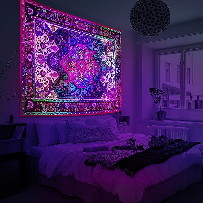 Apdidl Blackligt Boho Hippie Wall Tapestry for Bedroom Aesthetic, Glow in The Dark Neon Indian Bohemian Mandala Tapestries, UV Reactive Purple Floral Blanket Vertical Wall Hanging for Living Room 51" X 60"