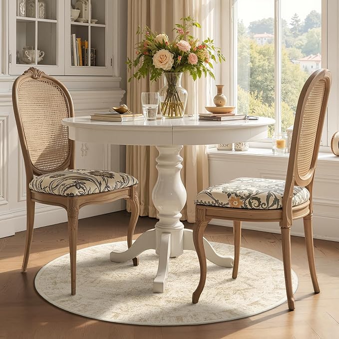 Neutral Beige Round Rugs 5ft, Washable Non Slip Thin Circle Rugs for Bedroom Living Room, Traditional Medallion Printed Circle Carpet 5 feet for Kitchen Dining Room