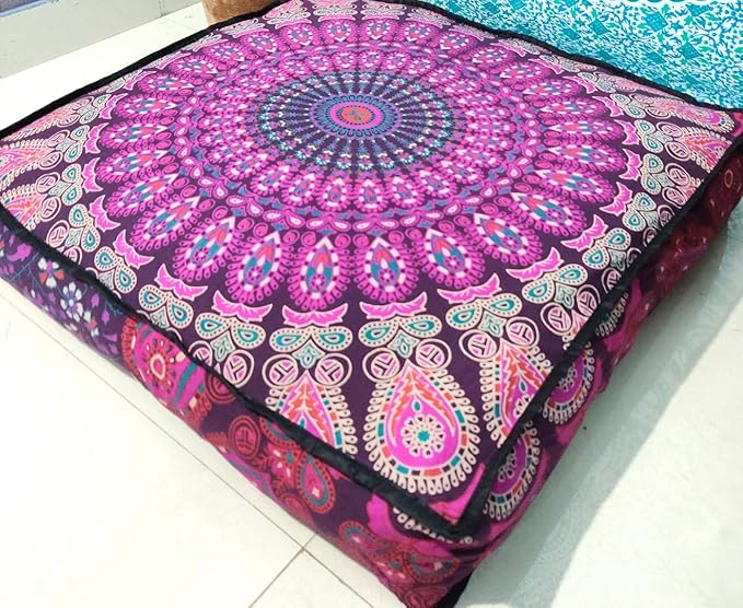 CRAFT KALA Mandala Floor Pillow Cushion Cover Seating Throw Cover Hippie Decorative Bohemian Ottoman Poufs Pom Pom Pillow Cases Boho Indian Cotton Living Room Yoga Home Décor (24" Square Pink Peacock)