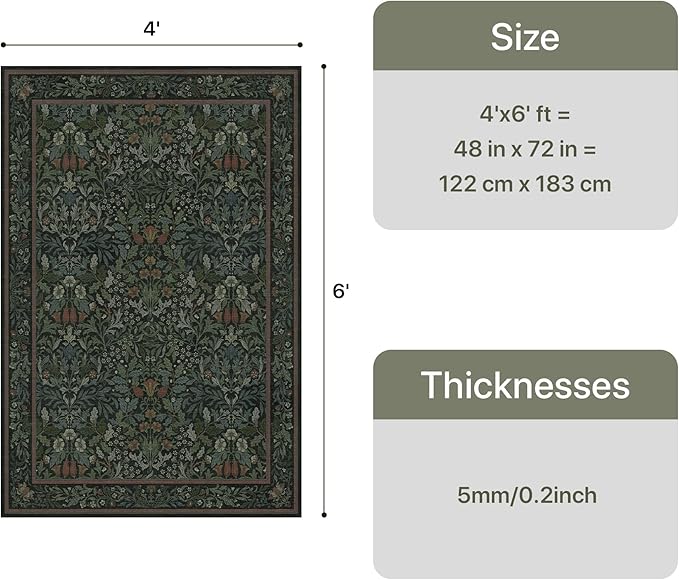 GENIMO Washable 4x6 Area Rug, Vintage Boho Floral Carpet, Soft Low-Pile Non-Slip Thin Rug for Living Room, Bedroom, Dining Room, Nursery, Dark Green