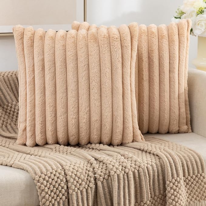 ZLINA Set of 2 Apricot Faux Fur Decorative Throw Pillow Covers Fluffy Striped Pillowcase Cushion Covers 20 x 20 Inch Decor Sofa Couch Bedroom