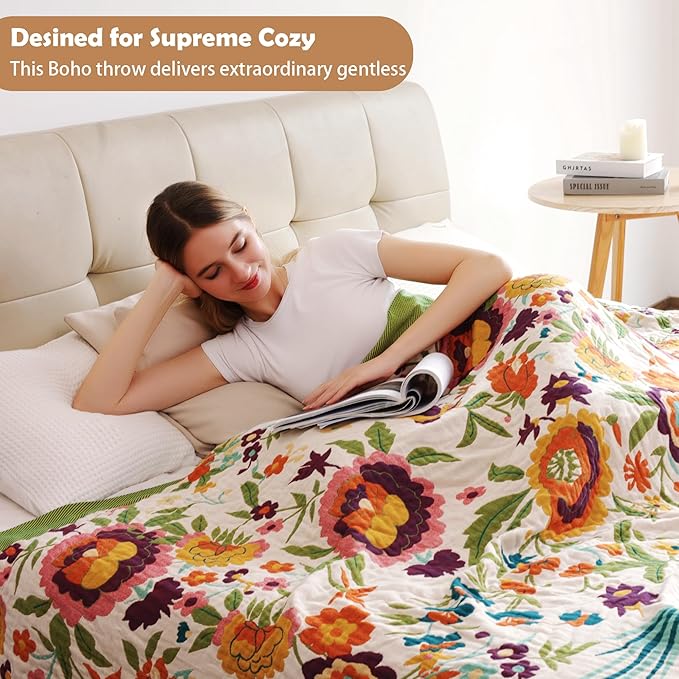 Boho Throw Blanket, 100% Organic Cotton Breathable Ultra Soft 80" x 90" Bed Quilt Throw - All Season Floral Rustic Farmhouse Decor Luxury Reversible Blanket for Sofa Couch Chair and Gift