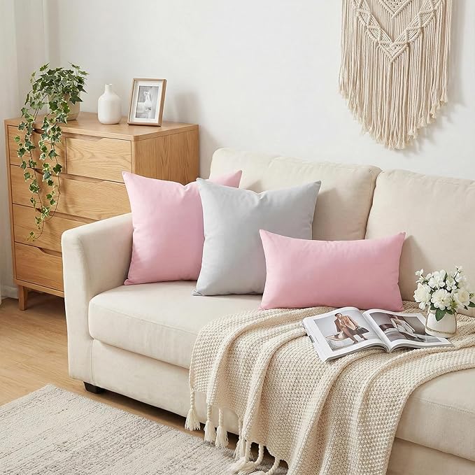 Thmyo 4-Pack 100% Cotton Lumbar Comfortable Solid Decorative Throw Pillow Covers Rectangle Cushion Cover Pillowcases Valentines Day DIY Throw Pillow Cases for Sofa Bed Car(12x20inch/30x50cm,Pink)