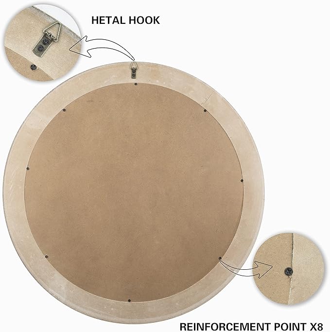 24 inches Wood Round Decorative Mirrors for Wall Decor, Rustic Circle Mirror for Bedroom, Bathroom, Living Room, Entryway Boho Mirror for Home and Office
