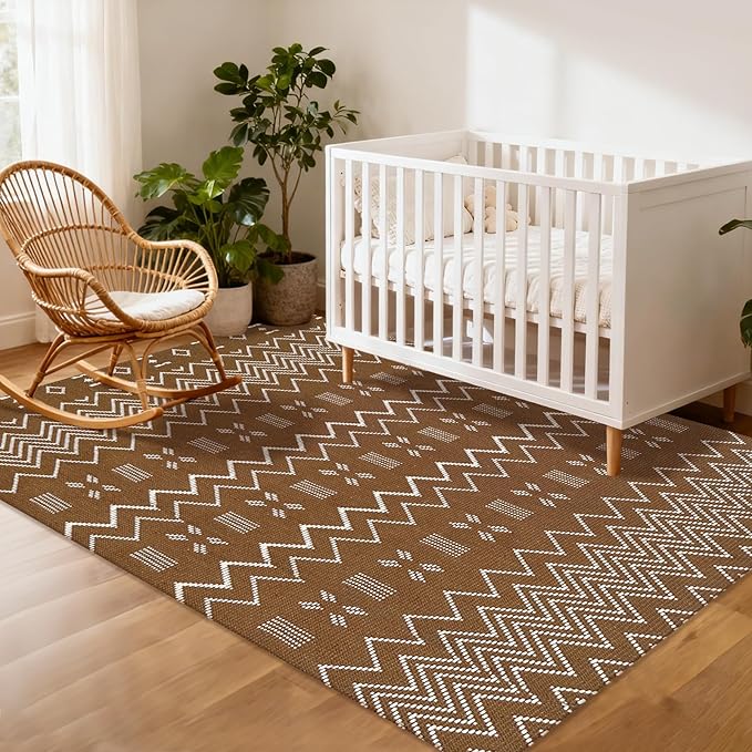 Washable Area Rug 5x7 ft,Rubber Backed Non Slip Faux Jute Rug for Office,Living Room and Bedroom Braided Rug,Indoor Floor Carpets for Dining Room,Farmhouse,Brown/White
