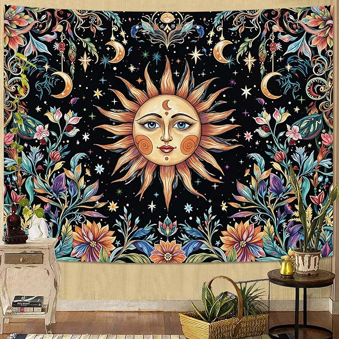 Aipon Sun and Moon Tapestry Hippie Boho Floral Wall Tapestry for Bedroom Aesthetic Colorful Flowers Vintage Celestial Botanical Plant Large Tapestries Wall Hanging for Living Room Dorm 80 x 60 Inch