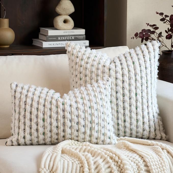 Aeckself Handmade Boho Chenille Tufted Pillow Cover 18x18 Inch, Decorative Square Throw Pillow Cover Neutral Pillowcase for Couch Bedroom Living Room, Green White