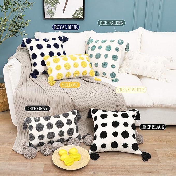 PLWORLD Boho White Lumbar Throw Pillow Cover 12x20 Inch with Tassels, Pom Pom Tufted Cream Chenille Fabric Small Accent Textured Cushion Case for Bed Couch, 1 PC Cover Only No Insert
