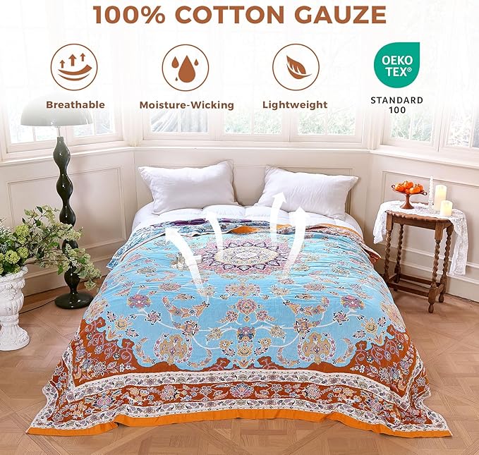 Boho Throw Blanket for Bed Cotton Spring Blankets for Bedroom Living Room Twin All Season Lightweight Floral Embroidery Quilt for Couch Sofa Chair 60"x80" Home Decor