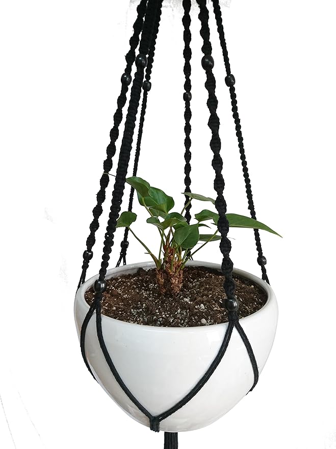 Plant Hanger Macrame Cotton 6 Legs 51 Inches in Tan and Green Color for Indoor Outdoor, Living Room, Kitchen, Deck, Patio, High and Low Ceiling with Size of 10-12 inches Without The Pot (Black)