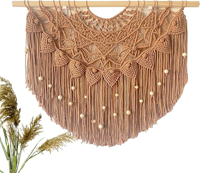 Youngeast Large Macrame Wall Hanging Boho Beaded Curtain for Window Macrame Bedroom Headboard Living Room Wall Art Tassel Tapestry Bohemian Woven Wall Decor 31" W X 25" H (Khaki)