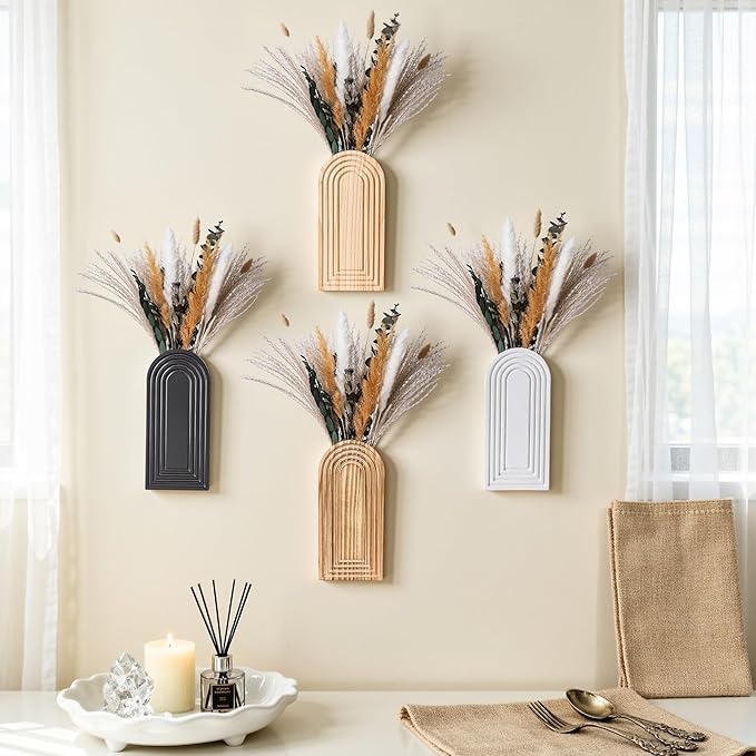 DREAMLOOM 2 Pack Wooden Wall Vases with Dried Pampas Grass and Eucalyptus Plants, Wall Hanging Planters Boho Modern Farmhouse Indoor for Narrow Spaces Entryway Bathroom Home Office Decoration, White