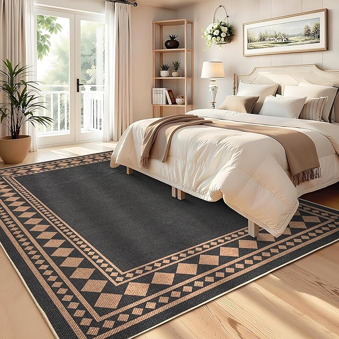 GarveeHome Large Easy Jute Rugs 10x13 Living Room Rug Modern Bordered Solid Rug with Non-Slip Backing, Non-Shedding Jute Indoor Outdoor Neutral Carpet for Dining Room, Patio, Backyard, Black Brown