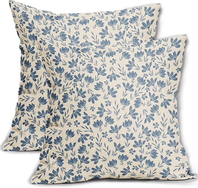Light Blue Floral Pillow Covers 18x18 Set of 2 Vintage Rustic Old Style Cute Small Flower Blue Cream Print Decorative Outdoor Pillowcases Farmhouse Throw Cushion Case Decor for Couch Sofa Bed