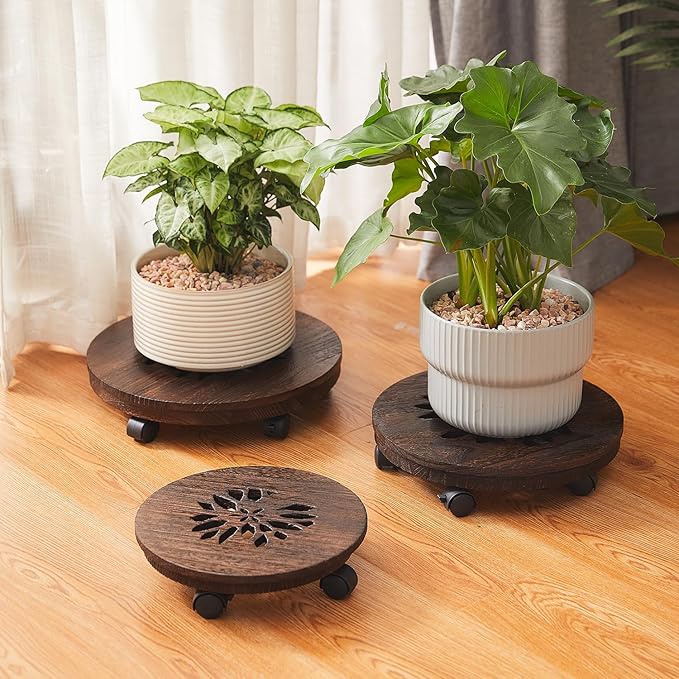 Wood Plant Stand Indoor,Plant Caddy with Lockable Wheels,Pot Stand,Rolling Plant Stand with Casters，Plant Dolly with Wheels ,Low Heavy Duty Plant Base with Wheels