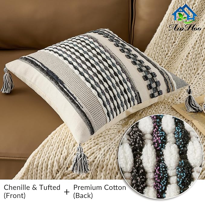 AmHoo Chenille Striped Textured Boho Throw Pillow Covers Aesthetic with Tassels Woven Decorative Pillow Case for Couch Bed Sofa Bedroom Modern Funky 18 x 18-Inch Black Multicolor