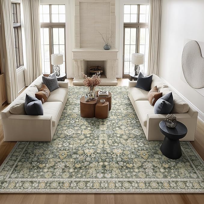 Washable Rugs for Living Room: 10x14 Area Rugs for Bedroom Ultral Soft Non-Slip Stain Resistant Vintage Boho Large Carpet for High-Traffic Dining Room - Farmhouse Decor