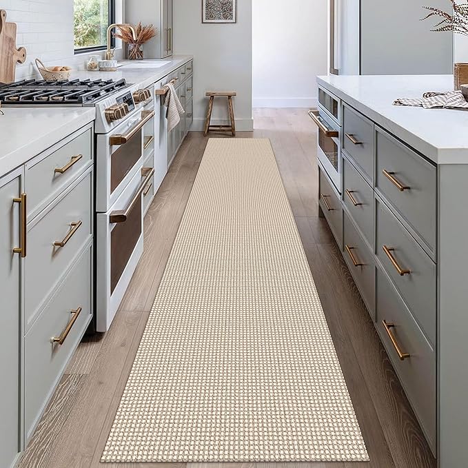 EARTHALL Woven Runner Rug 2x12 Ft Washable Runners for Hallways Extra Long Cotton Non Slip Rubber Backed Kitchen Runner Braided Indoor Floor Carpet for Entryway, Hall, Kitchen, Beige/Khaki