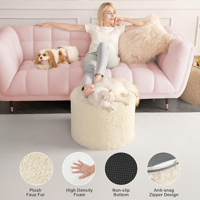 Hansleep Round Pouf Ottoman Foot Rest, 17 x 14 Small Faux Fur Stuffed Pouf for Chair, Foam Filled Foot Stools Ottomans for Living Room, Beige