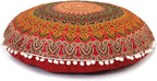 CRAFT KALA 22 Inch Round Mandala Floor Pillow Cushion Cover Seating Throw Cover Hippie Decorative Bohemian Ottoman Poufs Pom Pom Pillow Cases Boho Cotton Living Room Yoga Home Décor (Red)