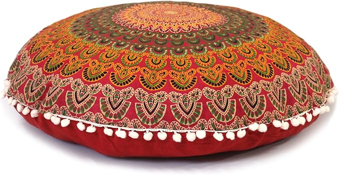 CRAFT KALA 22 Inch Round Mandala Floor Pillow Cushion Cover Seating Throw Cover Hippie Decorative Bohemian Ottoman Poufs Pom Pom Pillow Cases Boho Cotton Living Room Yoga Home Décor (Red)
