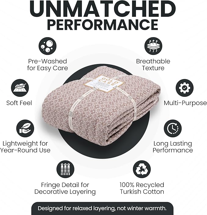 Gold Case Throw Blanket for Bed - 100% Recycled Turkish Cotton Blanket - Retro Lightweight Soft Throw Blankets for Bed & Living Room - Queen Size Cozy Blankets - 90x90 - Beige