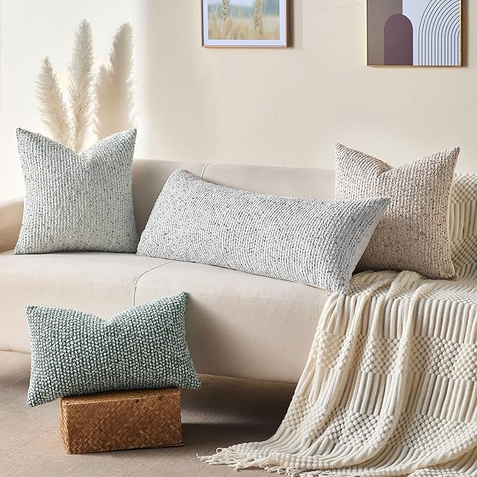 Decorative Lumbar Pillow Cover 14x36 Blue Striped Wool Long Body Pillow Neutral Textured Boho Lumbar Throw Pillow Cushion Covers for Modern Farmhouse Sofa Bed Living Room Decor SY011-C14