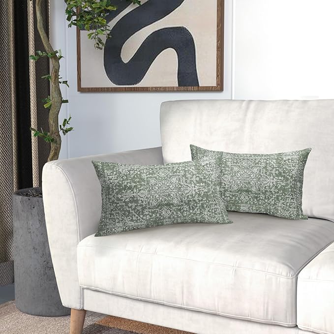 Sage Green Boho Lumbar Pillow Covers 12x20 Inch Bohemian Carpet Pattern Ethnic Pillow Cases for Couch Farmhouse Vintage Geographic Rug Rectangle Pillow Cases for Bed Patio Covers Outdoor Indoor Set 2