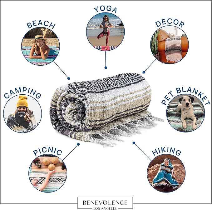 Benevolence LA Authentic Handwoven Mexican Blanket | Yoga Blankets, Outdoor, Picnic, Beach, Camping | Equestrian Saddle | Serape 50x70 inches - Sand, Pack of 1